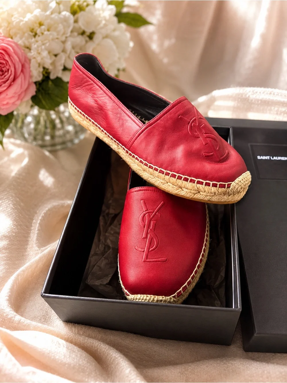Saint Laurent Red Leather Espadrille Slip-Ons with Embossed YSL size40
